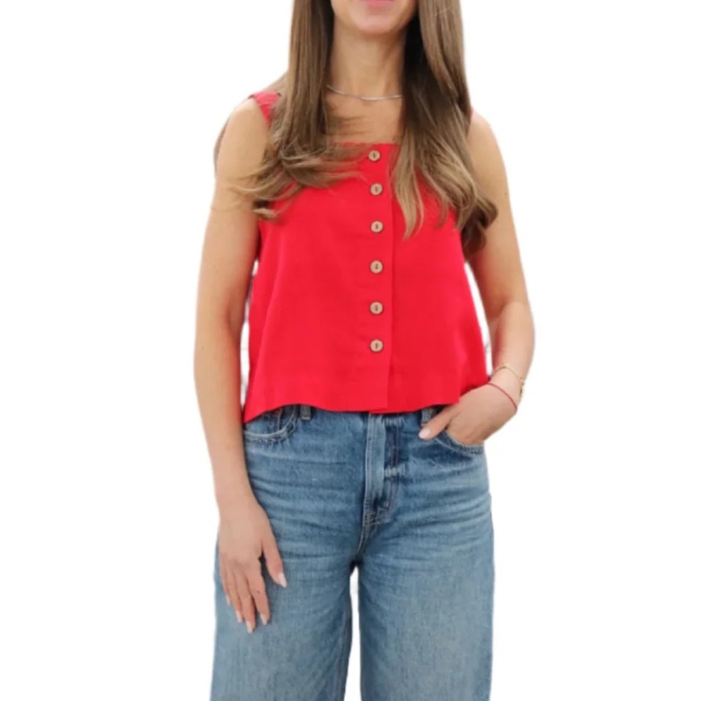 The Workshop red linen tank top with buttons